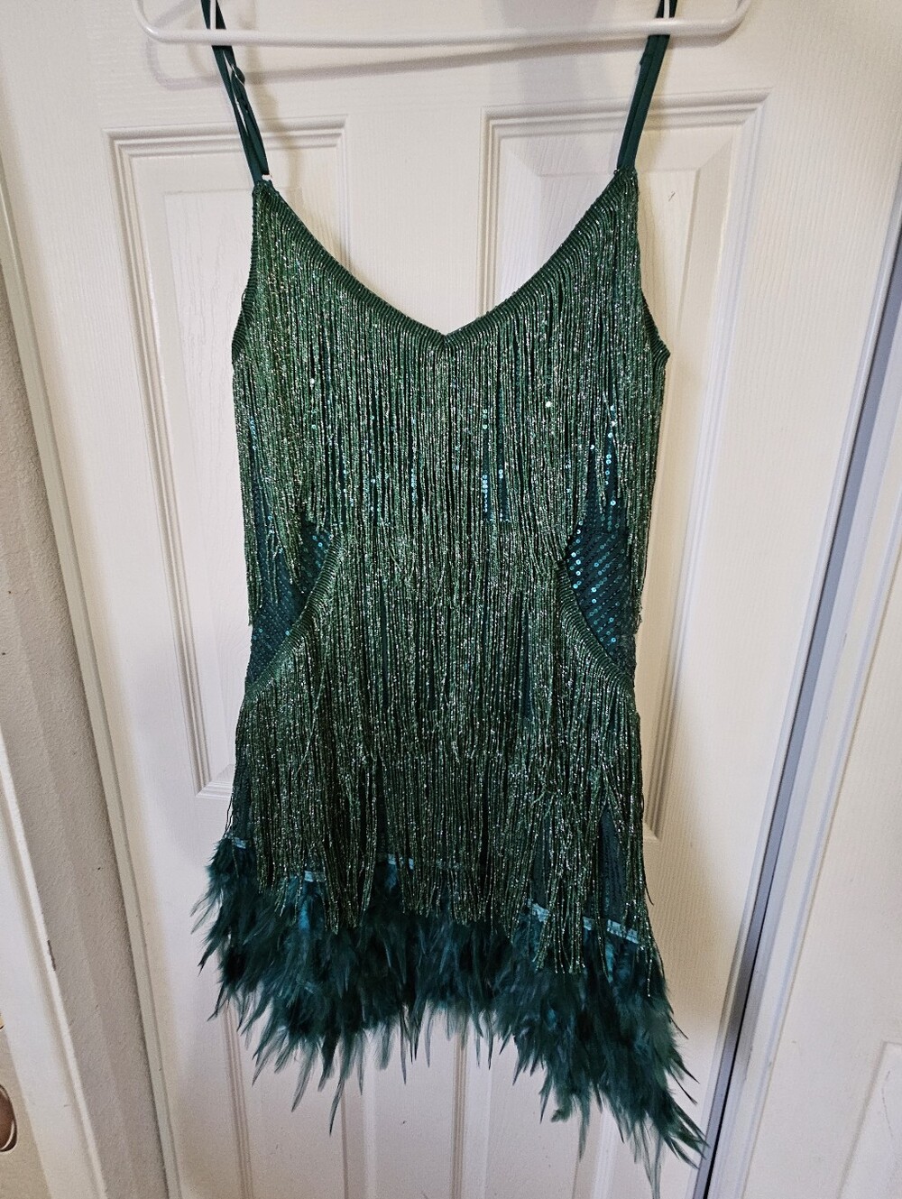 Emerald Green Sequin Fringe & Feather Slip Dress